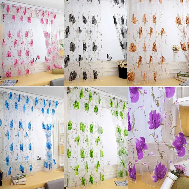 Description Picture 2 of item1 PCS Vines Leaves Tulle Door Window Curtain Drape Panel Sheer Scarf Valances Colorful Floral Pattern Transparent Curtains