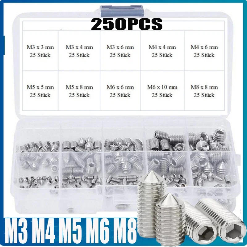 Description Picture 3 of item250PCS Socket Head Hex Set Screw Assortment Grub Screw Cup- Metric 304 Stainless Steel M3 M4 M5 M6 M8 Cup Point Grub Screw Set