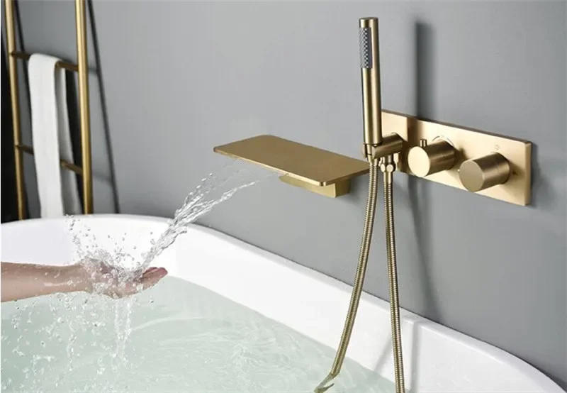 Description Picture 3 of itemBrushed Gold Bathtub Shower Faucet Set Brass Thermostatic Tap Mixer With Handheld Waterfall Black