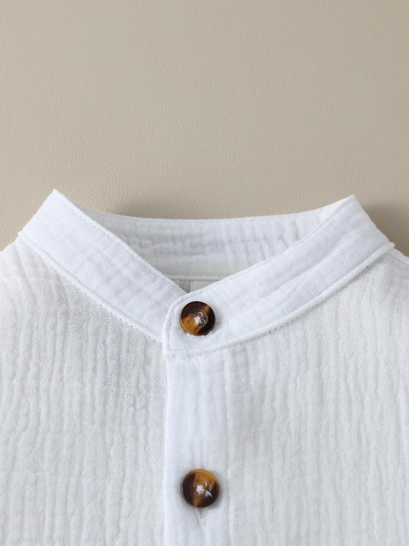 Description Picture 5 of itemBoy Solid Color Cotton Soft Shirt Chest Pocket Stand Collar Short Sleeve Gentleman Shirt For Boys 1-3Y Summer Clothes