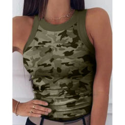 Striped Print Women's Round Neck I-shaped Vest Sexy Summer Camouflage Print Sleeveless Vest Fashionable Woman Sports Top S-3XL