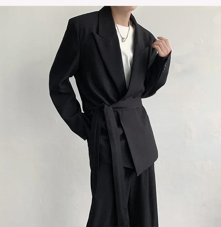 Description Picture 6 of itemTrendy Men's Blazers Korean Style Waist Lace-up Suit Jacket Solid Color Lapel 2023 Spring New Fashion Male Clothing 9A7638