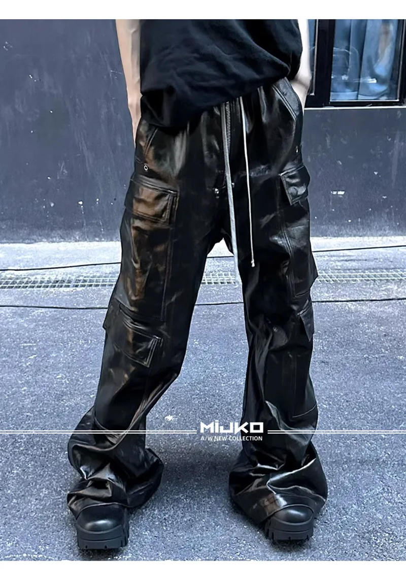 Description Picture 3 of itemHKSH Men's Tide Dark RO Style Glossy Coated Workwear Cargo Pants Unisex Wide Legged Black Casual Women Overalls Techwear HK0845