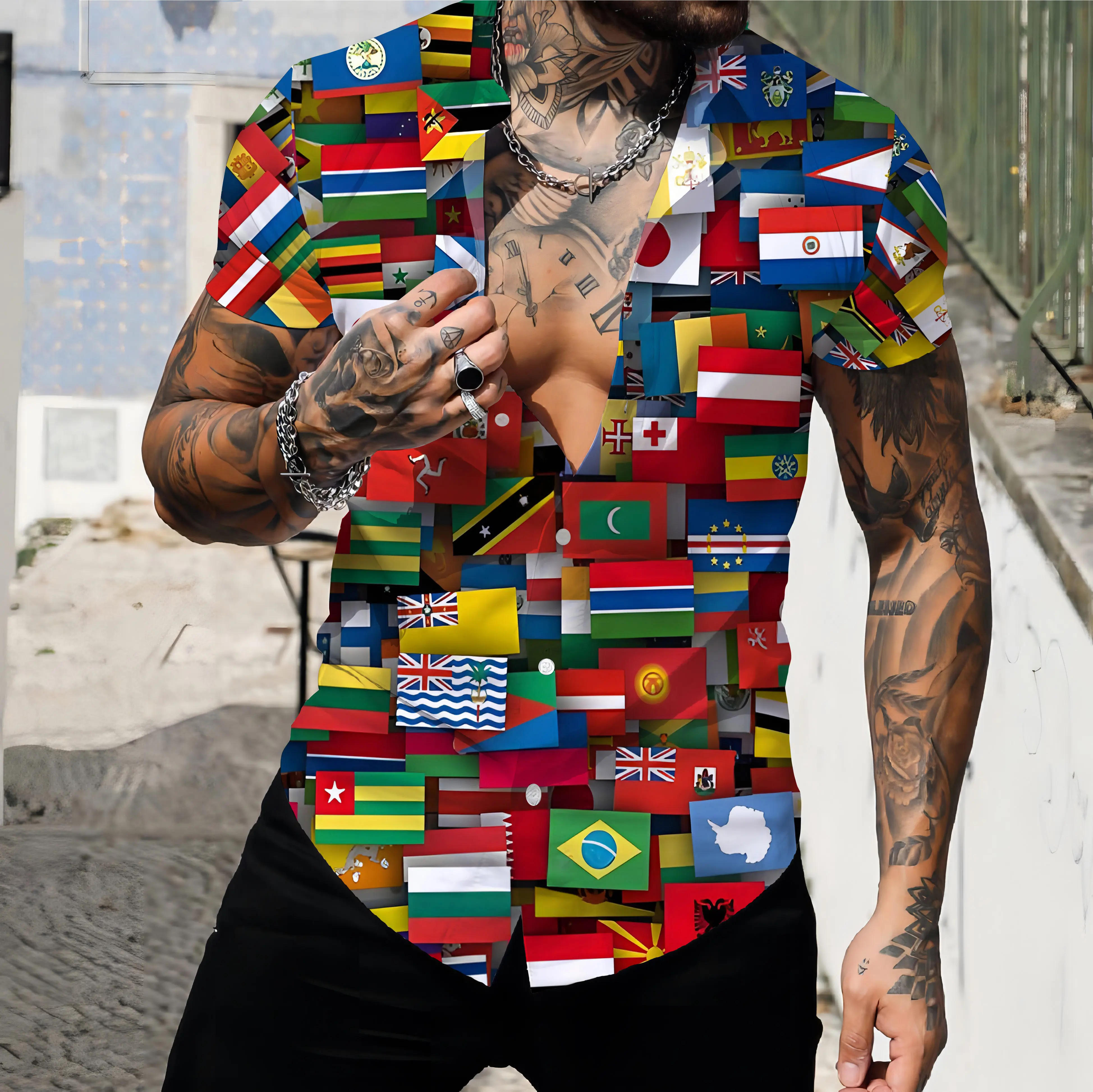 Description Picture 3 of itemNew fashion casual men's short sleeved shirt with national flag lining, 3D digital printing, comfortable shirt, hot selling item