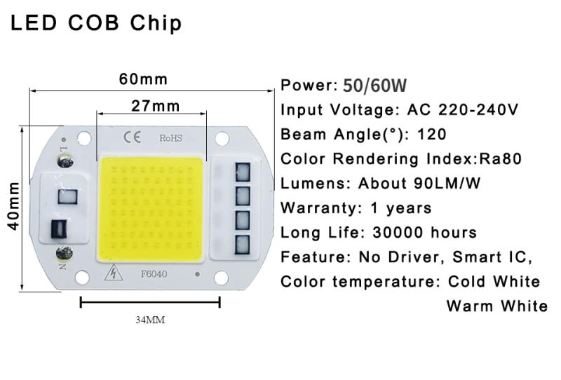 Description Picture 5 of itemLED Chip COB lamp  50W 60W AC 220V 240V IP65 Smart IC No Need Driver DIY Flood light Led Bulb Spotlight Outdoor Lamp bead