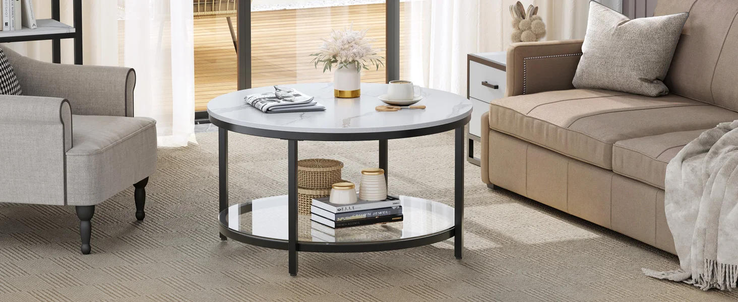 Description Picture 2 of itemMarble Round Coffee Table with Glass for Living Room,2-Tier Circle Coffee Table with Storage,Simple Modern Center Cocktail Table