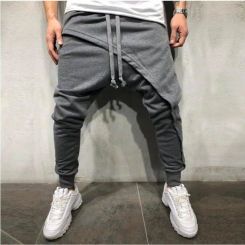 Drawstring Pant Men Solid Color Long Sporty Pants Asymmetric Double Layer Running Pants