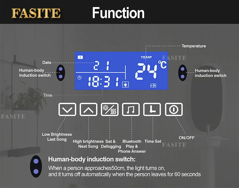 Description Picture 6 of itemBath LED Light Makeup Mirror Smart Touch Screen Bathroom Vanity Mirror With Bluetooth Anti-Fog Human Body Induction Function