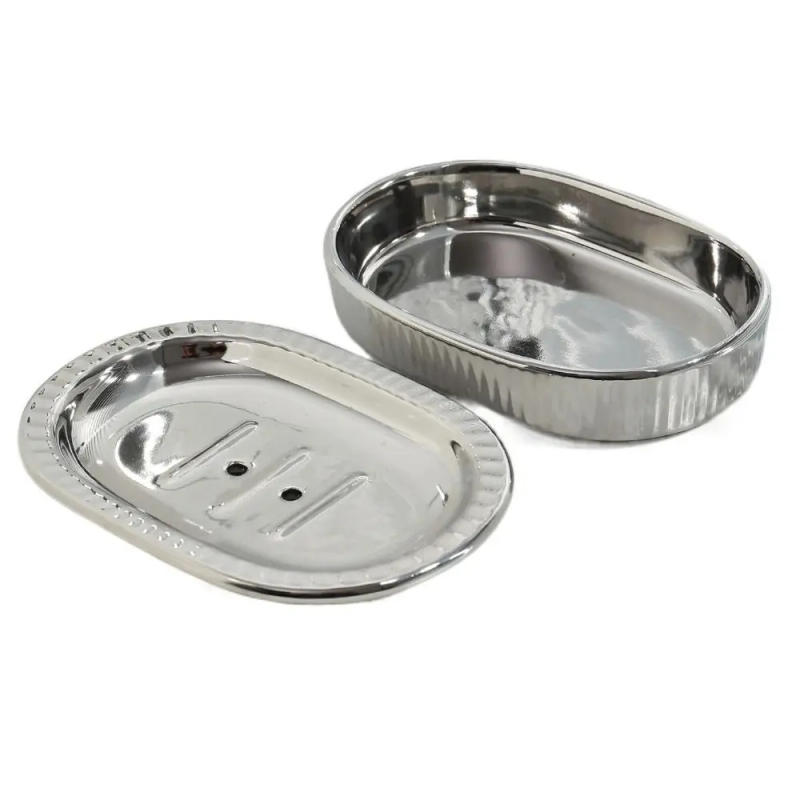 Description Picture 4 of itemSelf Draining Ceramic Soap Rack Detachable Oval Double Layered Soap Dish Silvery Drain Hole Bathroom Soap Holder Household