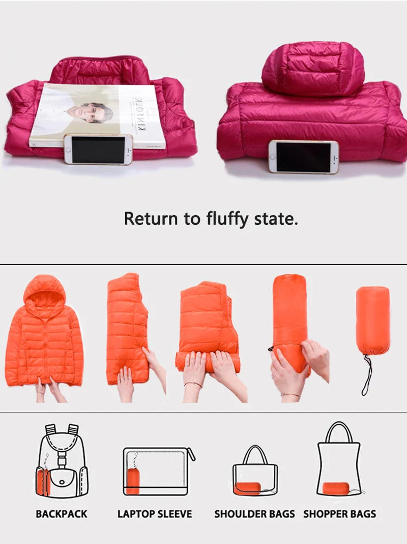 Description Picture 6 of itemWomen Puffer Jacket 20 Colors Plus Size 5XL 2024 New Spring Autumn Female Ultra Lightweight Packable Hooded White Duck down Coat