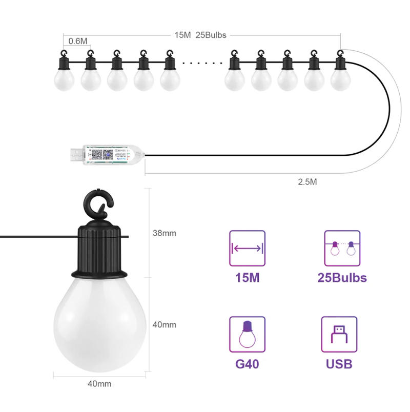 Description Picture 3 of itemSmart RGBIC LED Strip Light, Bluetooth, USB, Waterproof, Bulb String Light, Room, Outdoor, Camping, Fairy Lights, DIY Decoration