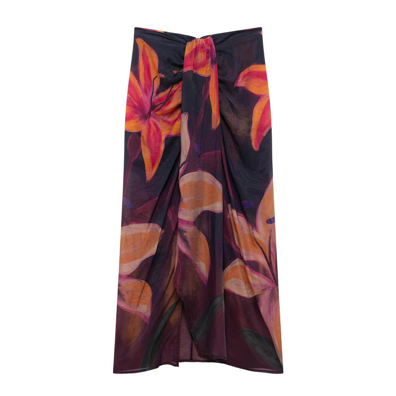 Description Picture 3 of itemElegant Women Bohemian Style Floral Print Front Knotted Slim Wrapped Skirt Faldas Mujer Female Summer Zipper Midi Skirts QUN2612