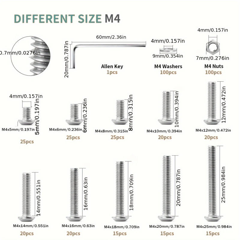 Description Picture 2 of itemButton Head Socket Cap Screws Bolts and Nuts Flat Washers Assortment Kit, 304 Stainless Steel
