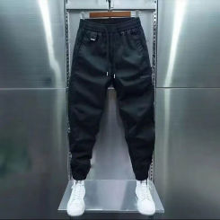 Men Harem Pants Slim Fit Drawstring Elastic Waist Ankle-banded Trousers Solid Color Pockets Soft Men Long Trousers Streetwear
