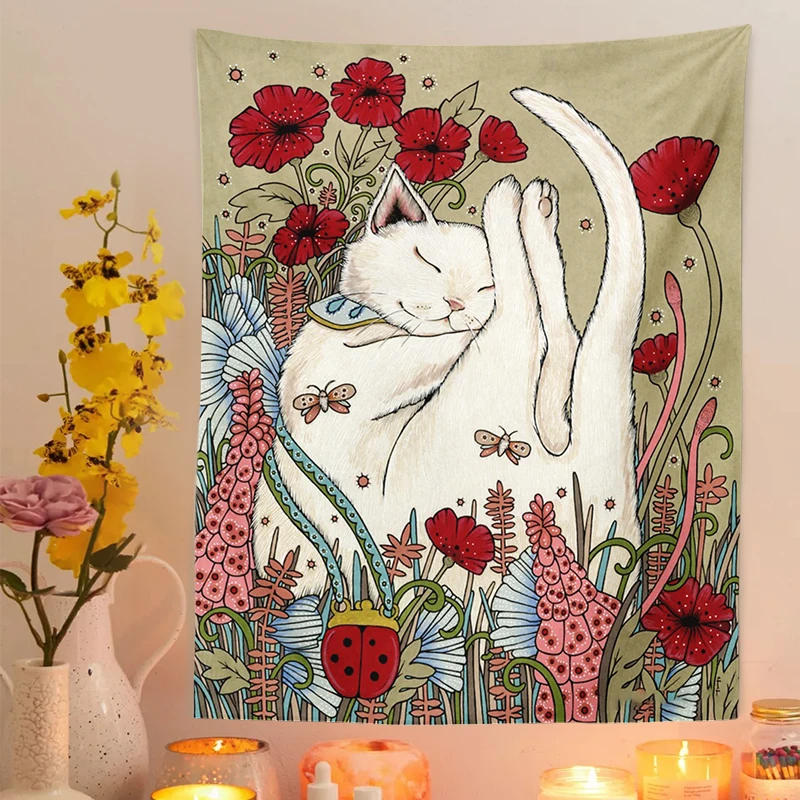 Description Picture 4 of itemCat Tapestry Botanical Flower Wall Hanging Cute cat Living Room Bedroom Home Decor Tapestry Art Wall Decoration Tapestries Art