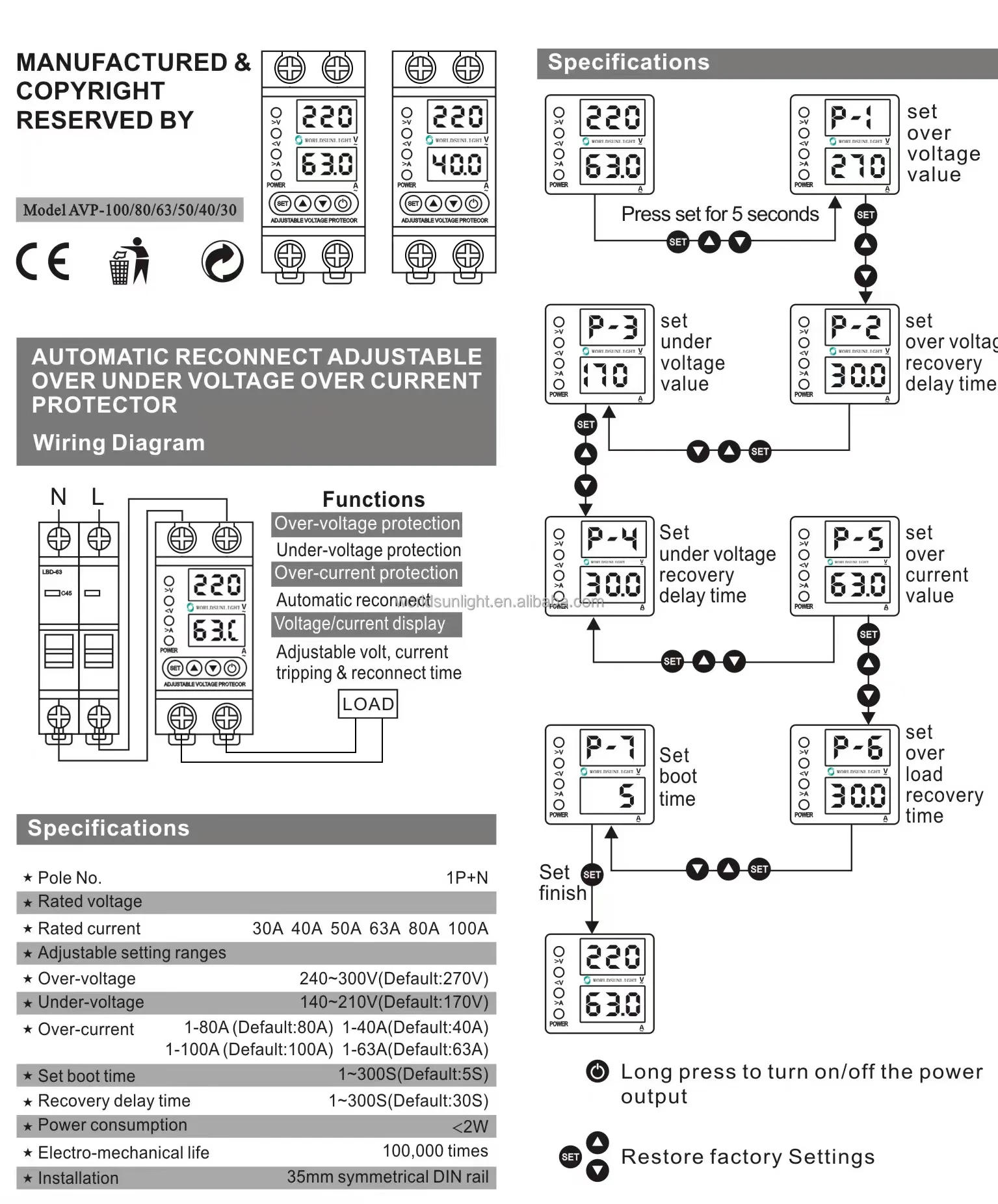 Description Picture 2 of item30A 40A 50A 63A 80A 100A Din Rail 220V 230V Digital Adjustable Over And Under Voltage Current Protective Device Protector Device