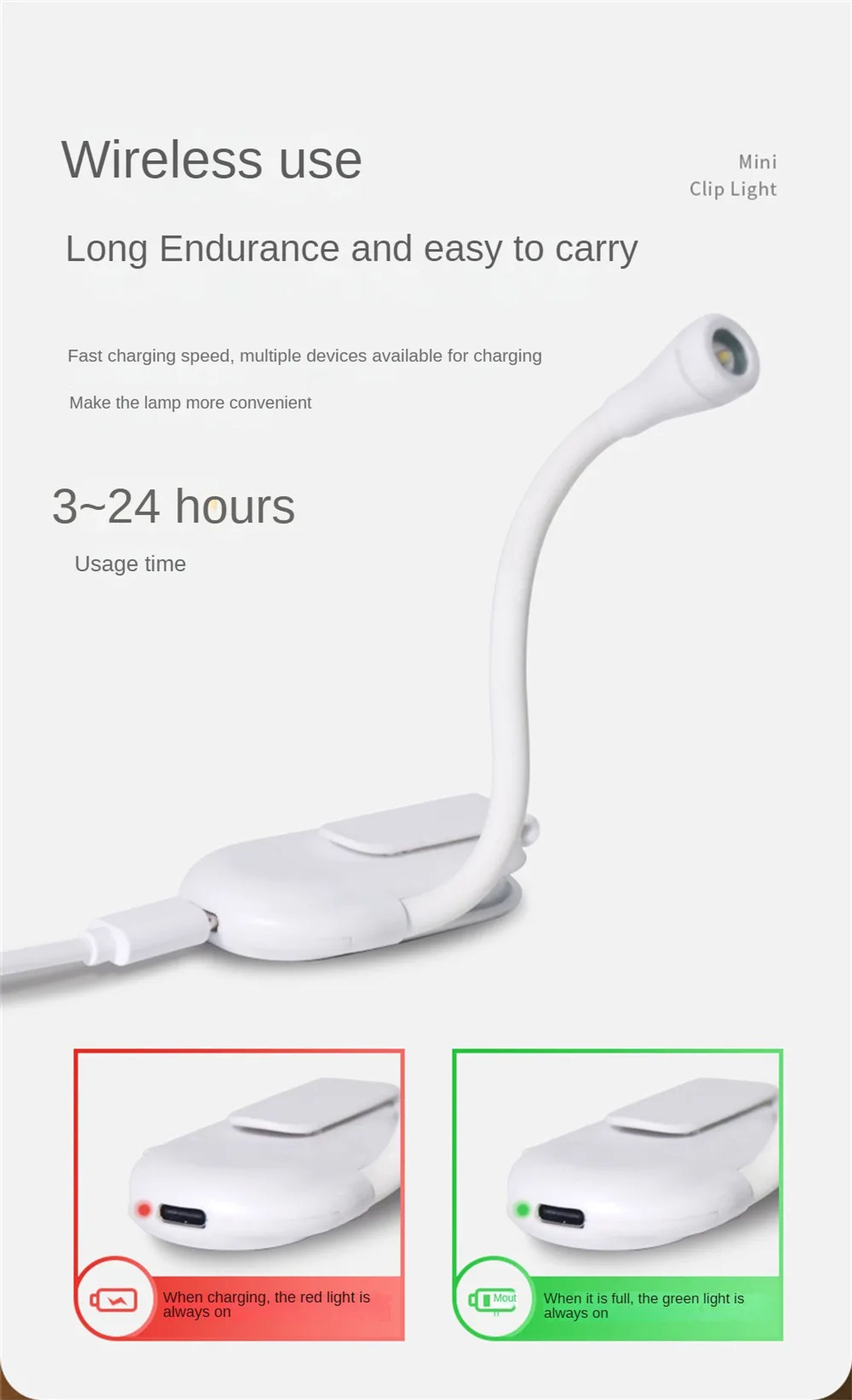 Description Picture 3 of itemPortable LED Book Lights USB Rechargeable Eye Protection Night Light Mini 360°Clip-On Desk Reading Lamp Travel Bedroom