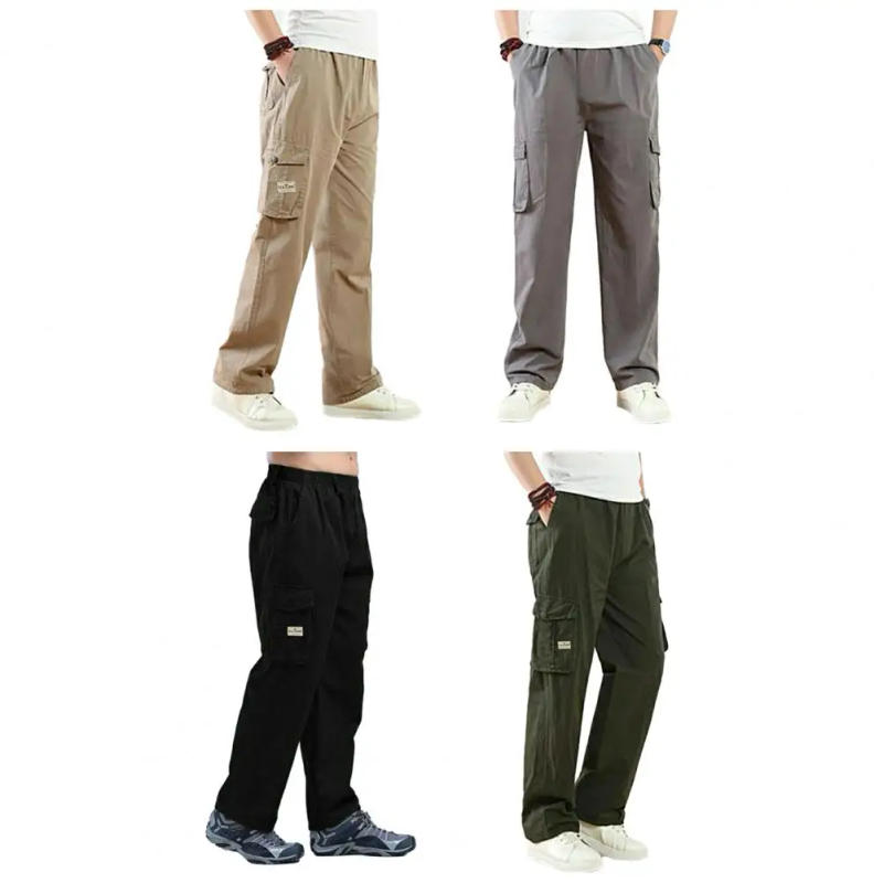 Description Picture 3 of itemSolid Color Pants Men's Wide Leg Casual Pants with Elastic Waist Multi Pockets Breathable Fabric for Comfortable Streetwear
