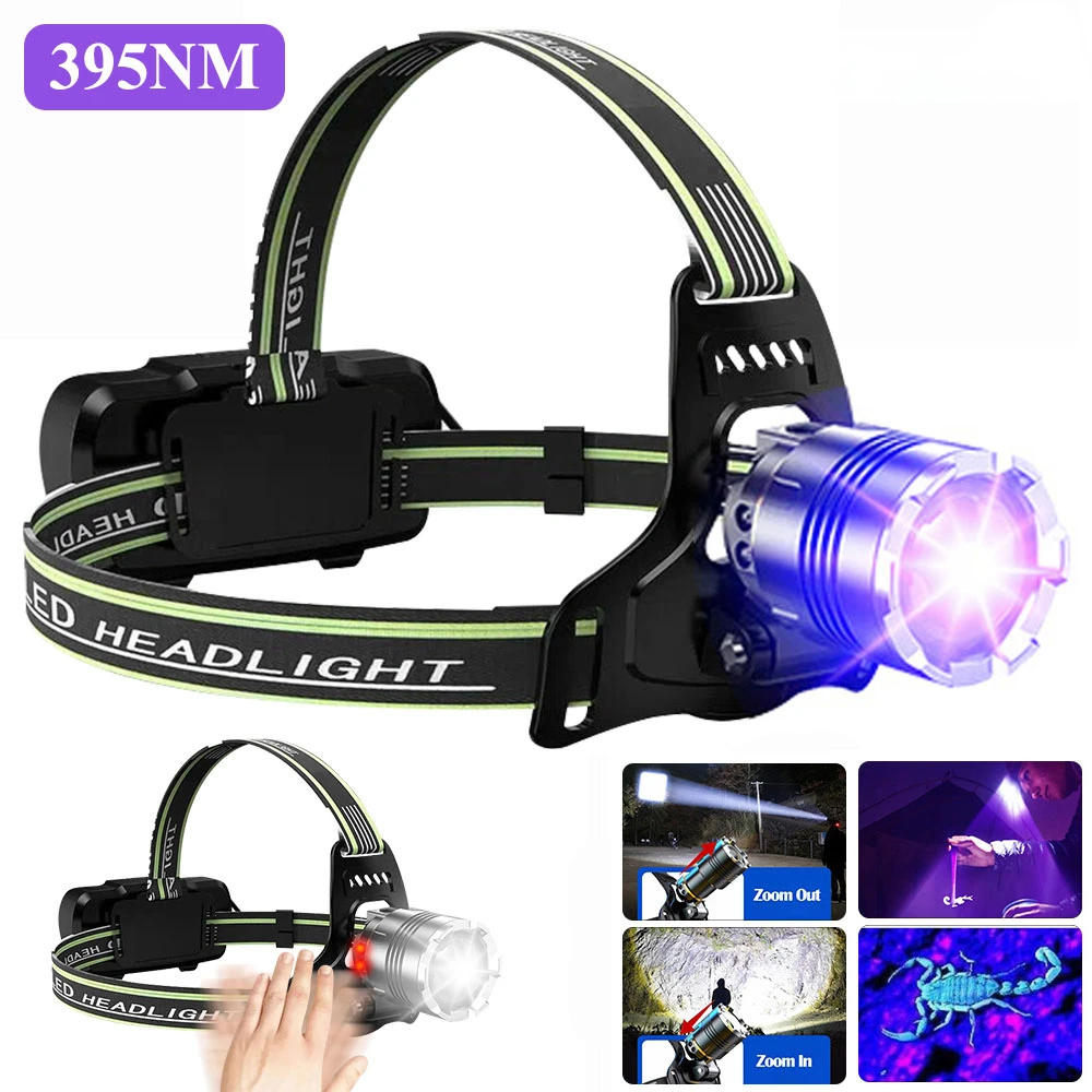 Description Picture 2 of itemWhite+UV Headlamp 395nm Sensor LED Headlight Zoomable USB Rechargeable Head Lamp Ultraviolet Hunting Fishing Camping 18650 Light