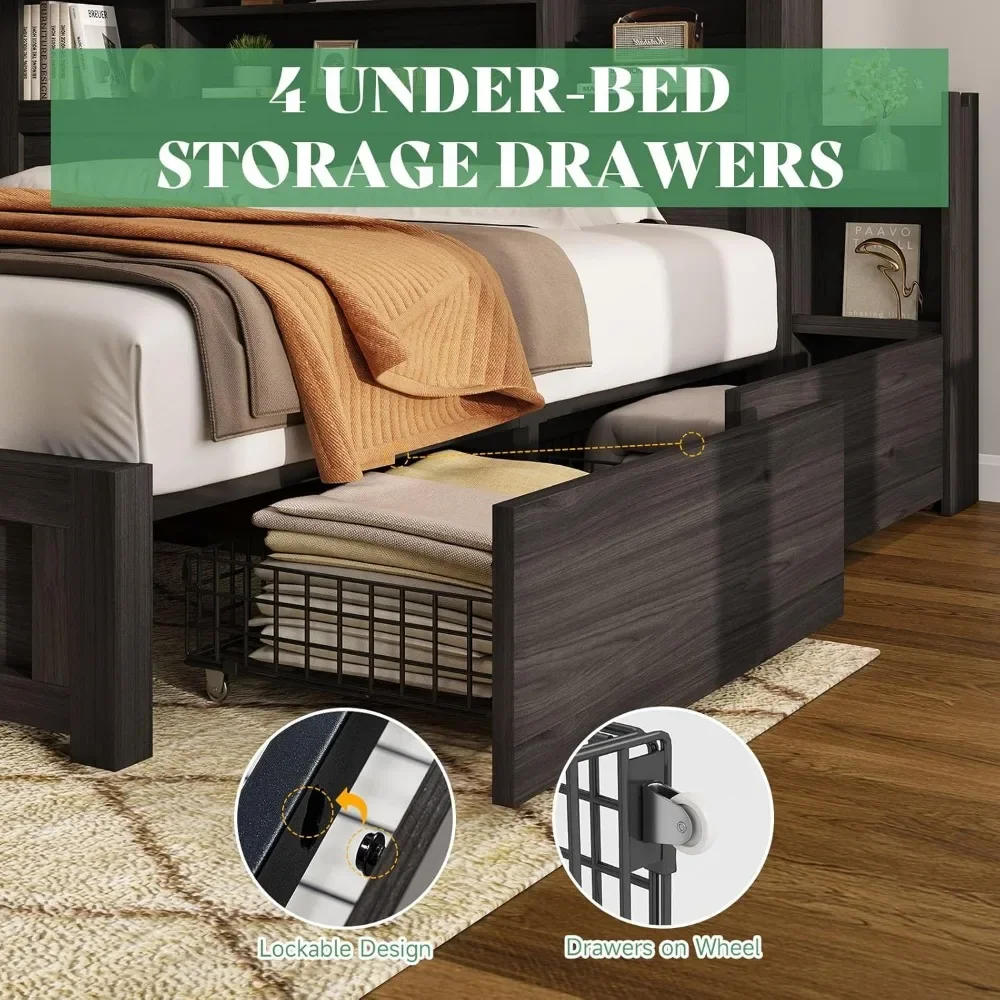 Description Picture 6 of itemKing Size Bed Frame with 4 Storage Drawers, LED Bed Frame with 49.6" Tall Bookcase Headboard, Wood Platform Bed with Charging