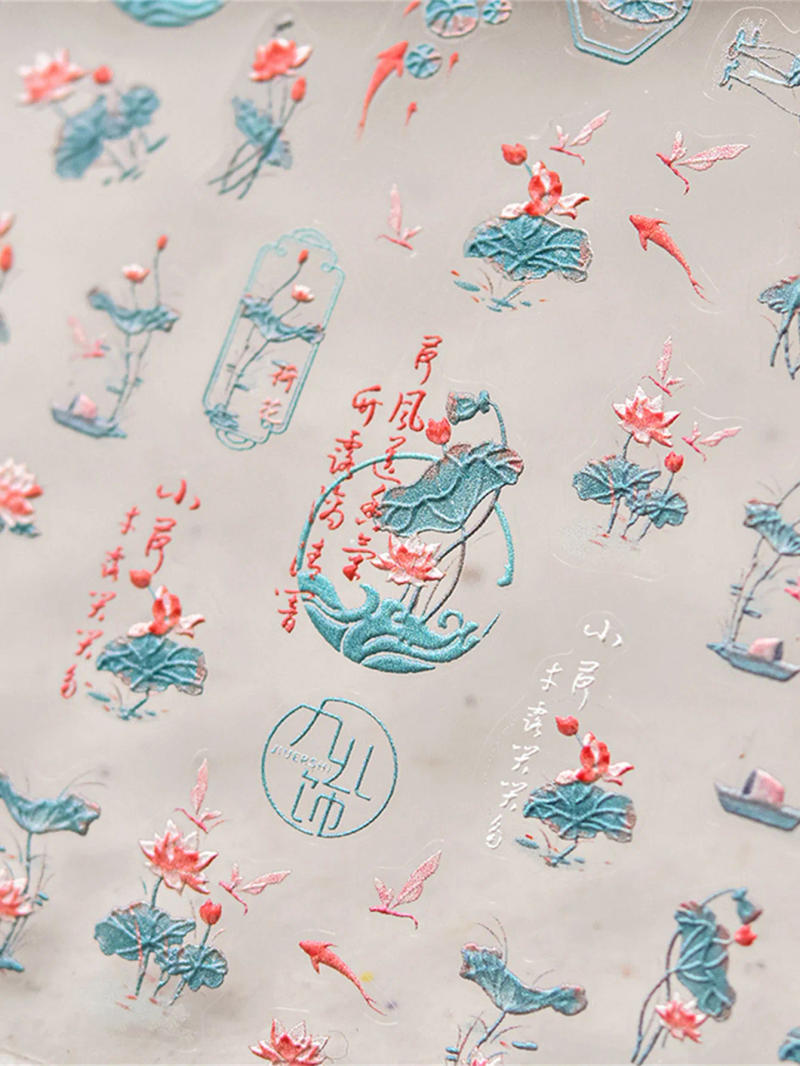 Description Picture 4 of item1pcs 5D  Nail Art Stickers Soft Relief Lotus Koi Nail Decals Self-Adhesive Flowers Stickers Chinese Style Nail Art Decorations