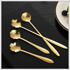 6pcs Gold Flower Stainless Steel Coffee Spoons Set Tea Spoon Honey Dessert Scoop Long Handle Teaspoon Cafe Tableware Coffeeware