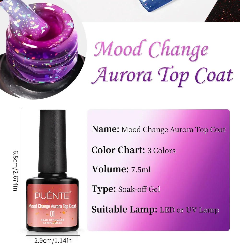 Description Picture 3 of item7.5ML Mood Change Aurora Top Coat Gel Nail Polish Temperature Color Changing Aurora Glitter Non-Wipe Nail Varnish For Manicure