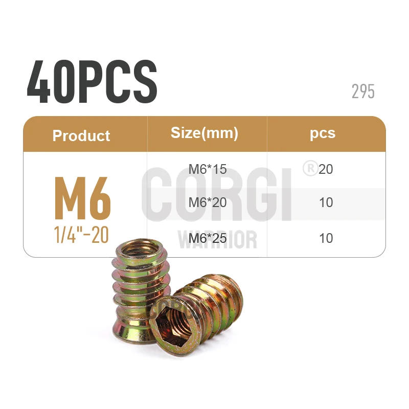 Description Picture 5 of itemThreaded Inserts 40-170 1/4-20 5/16-18 3/8-16 M6 M8 M10 Pieces Wood Insert Nut Steel Assortment Kit for Woodwork Furniture Screw