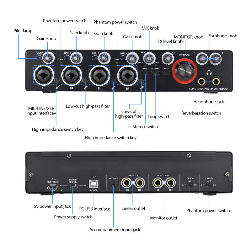 Description Picture 6 of item4 Channels Recording Sound Card with Driver Free Audio Interface 4-in 4-out USB Sound Card 24 bit/192khz 48V Phantom Power