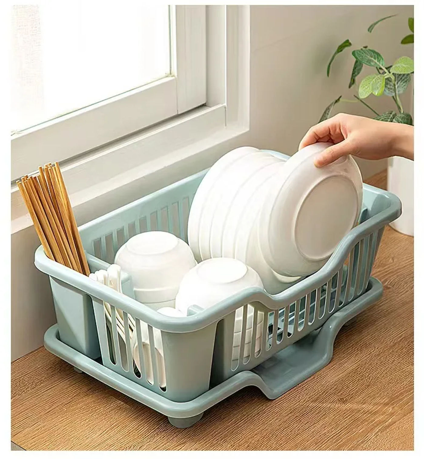 Description Picture 6 of itemPlastic Dish Drying Rack Adjustable Thicken Kitchen Plates Organizer With Drainboard Over Sink Countertop Cutlery Storage Holder