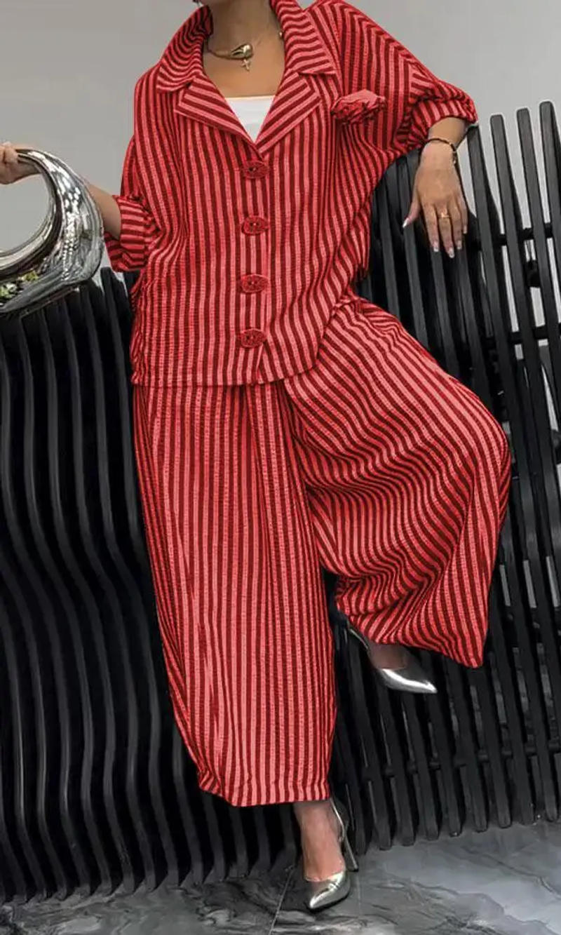 Description Picture 6 of itemFashionable Long-sleeved Lapel Shirt Top + Harem Pants 2-piece Set For Women Autumn Button Striped Nine-point Pant Suit Female