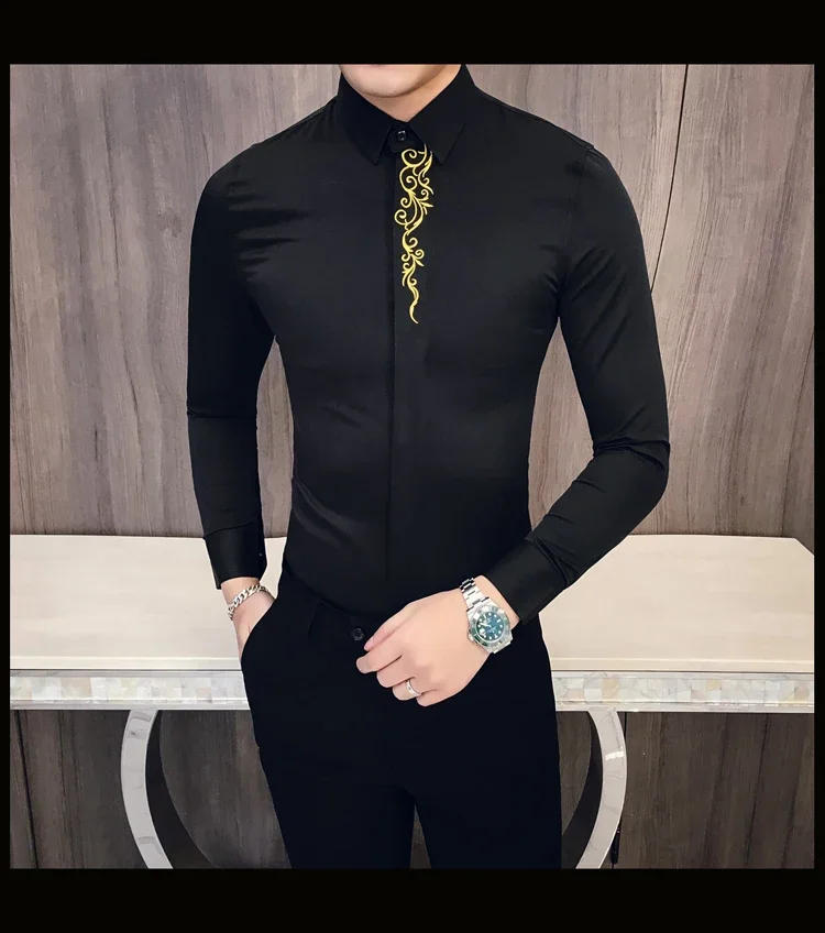 Description Picture 6 of item2024 Autumn Men's Embroidered Shirt Long-sleeved Slim-fit Men's Business Casual Shirt Solid Color Retro Slim-fit Shirt