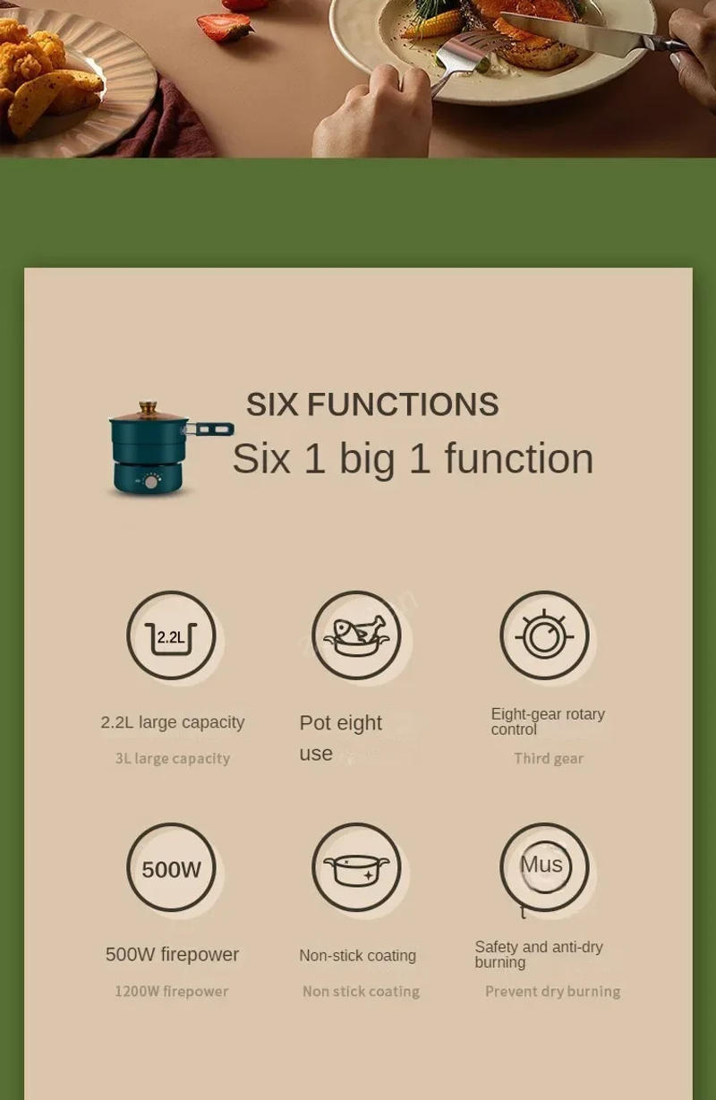 Description Picture 3 of item110V/220V Travel Rice Cooker Portable Split Frying Pan Electric Stew Soup Pot Boiler Cooking Skillet Mini Hotpot Food Steamer