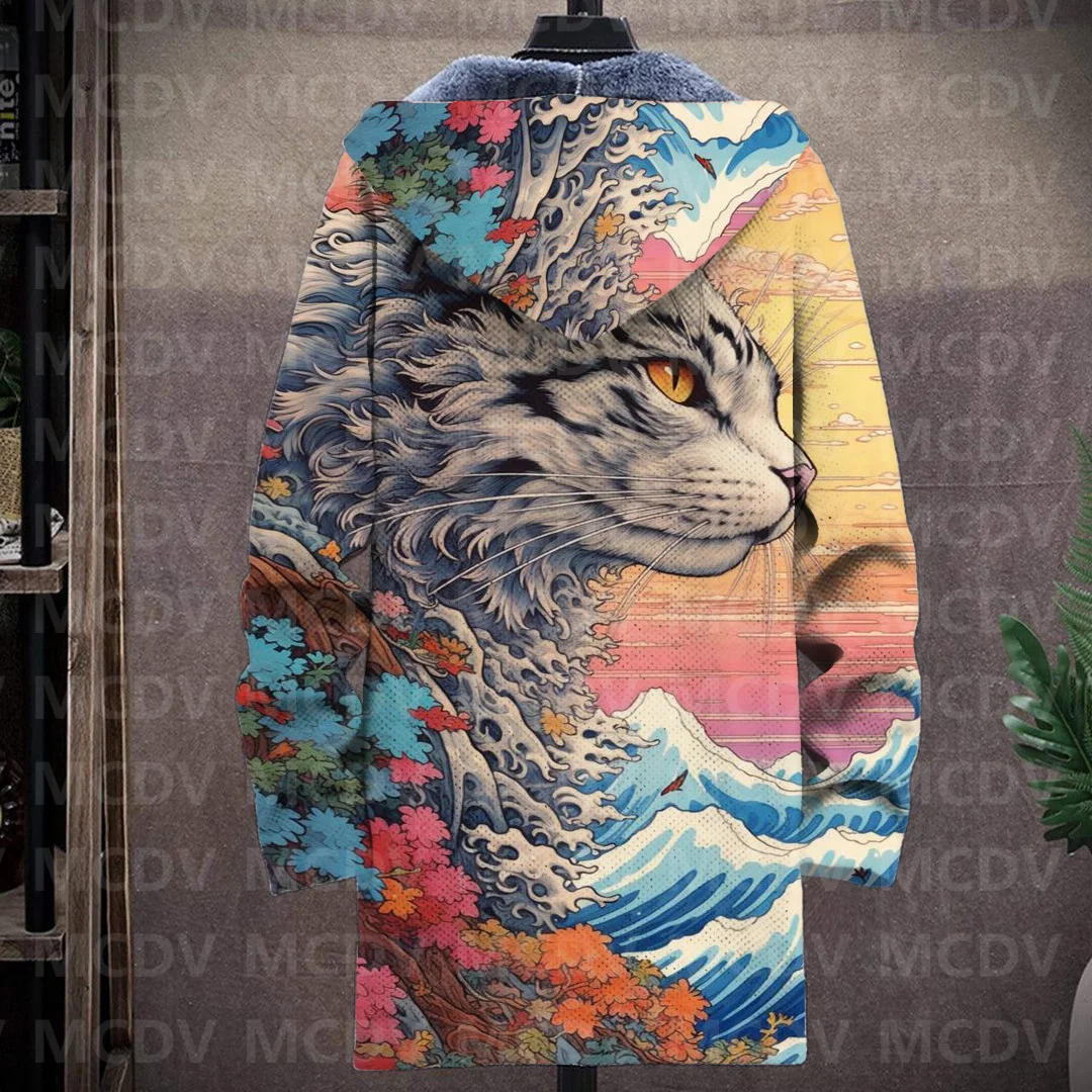 Description Picture 3 of itemMen's Retro Print Plush Thick Long-Sleeved Coat Cardigan Cat 3D Prined Fleece Hooded Overcoat Unisex Thick Warm Jacket