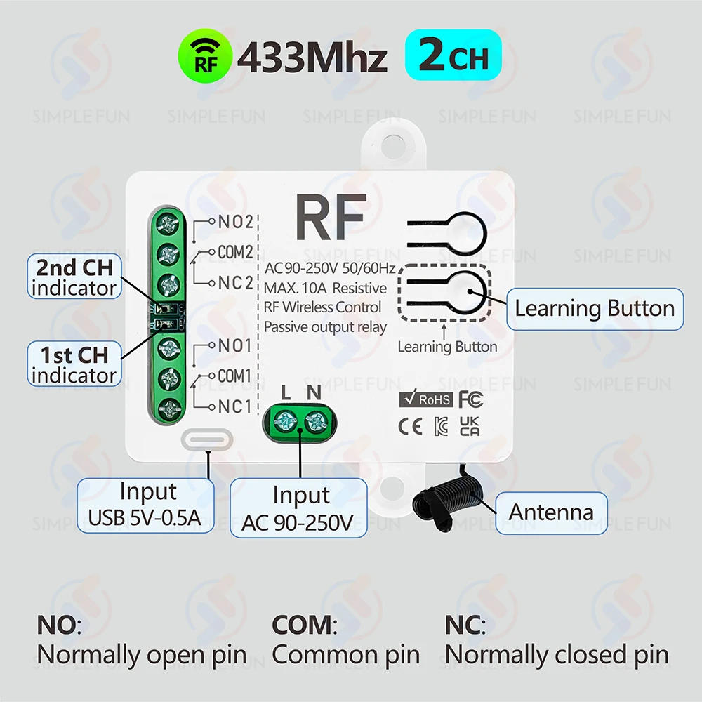 Description Picture 4 of item433MHz Wireless Remote Control Light Switch 2 CH,AC 110V 220V RF Relay,500m Control Distance,for Lamp/Motor/Garage Door Opener