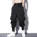 Casual Multi-Pocket Cargo Trousers Loose Harem Pants Fashion Outdoor Hip Hop Streetwear Male Drawstring Elastic Black Sweatpants