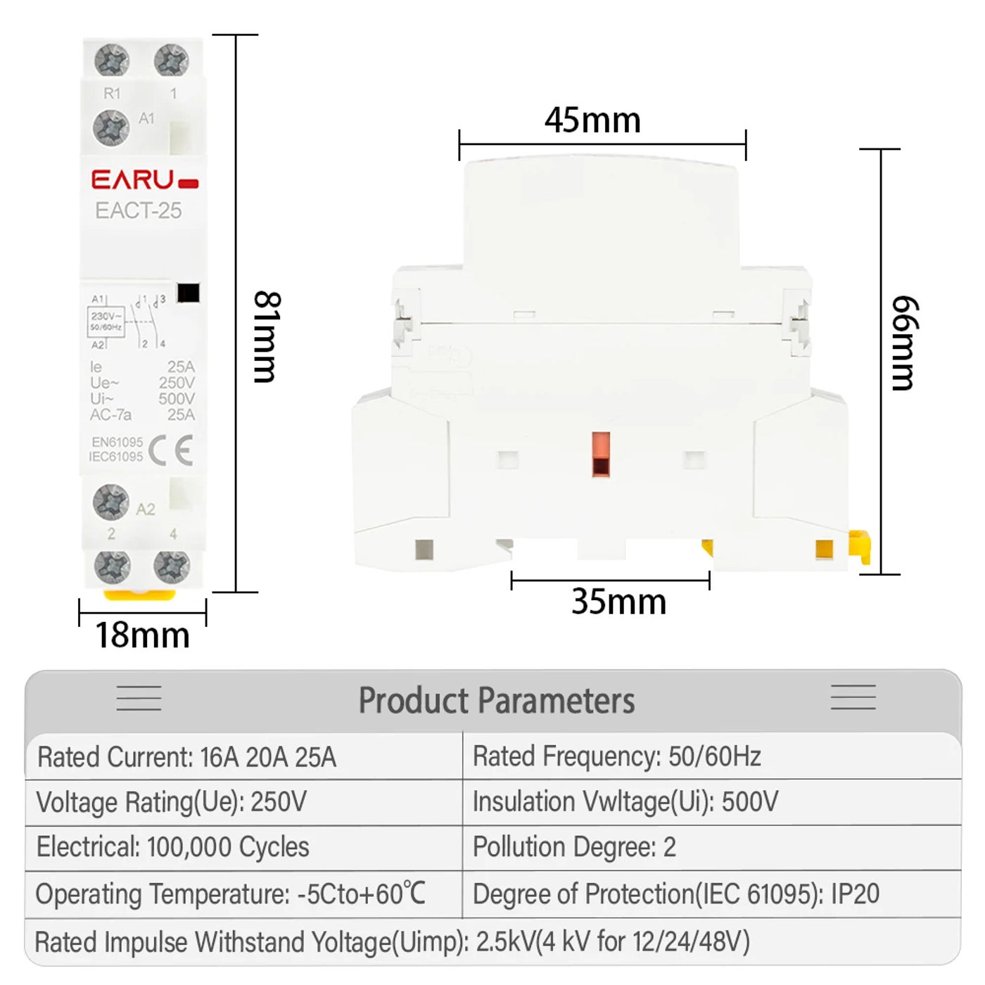 Description Picture 5 of itemDC12V DC24V AC220V 50/60Hz 2P 16A 20A 25A 2NO 2NC 1NO1NC Din Rail Mounted Household Modular AC Contactor for Smart Home House