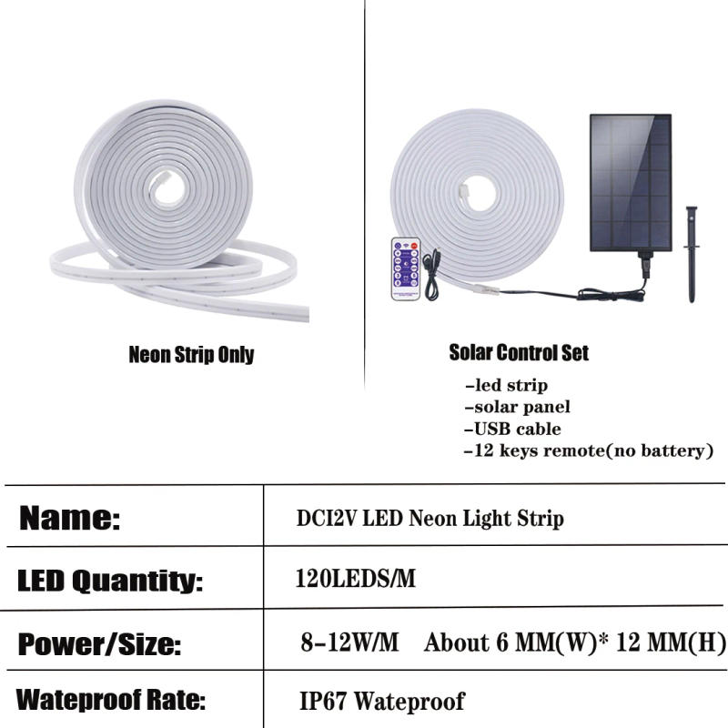 Description Picture 4 of itemSolar Neon LED Strip 12V 5M IP67 Waterproof LED Strip 2835 120Leds/M High Density COB Strip Solar Lamp for Swimming Pool Decor