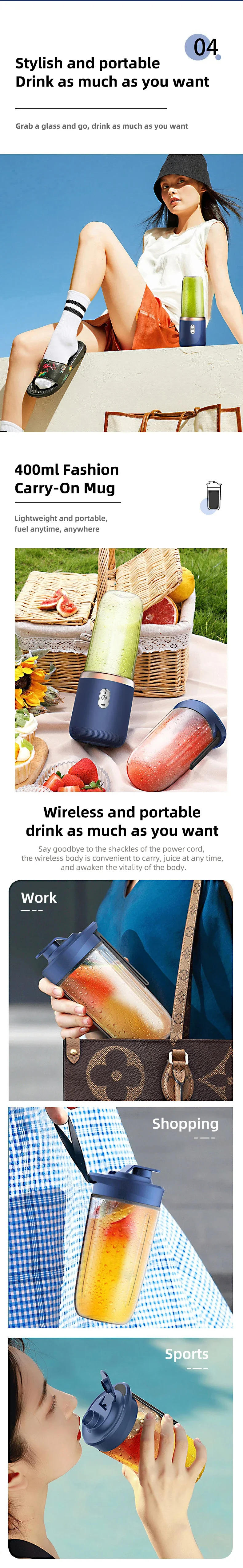 Description Picture 4 of itemPortable Juicer Blender 400ml Electric Fruit Juicer USB Charging Lemon Orange Fruit Juicing Cup Smoothie Blender Machine 2cups