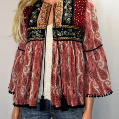 Classic Retro Ethnic Style Women's Top Jacket Fashionable Color Matching Tassel 3/4 Sleeve O-Neck Women's Cardigan Jacket