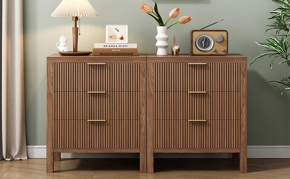 Description Picture 2 of itemFluted Nightstands Set of 2,Wooden Farmhouse Night Stands with 6 Drawer Bedside Table - Boho  End Table Accent Table for Bedroom