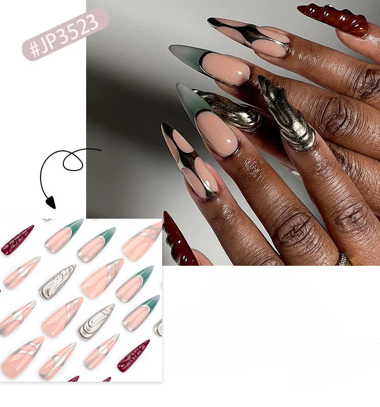 Description Picture 2 of item24Pcs Long Y2K Almond False Nails with Glue 3D Punk Nail Tips Art Metal Cool French Full Cover Press on Nails Set for Girl Daily
