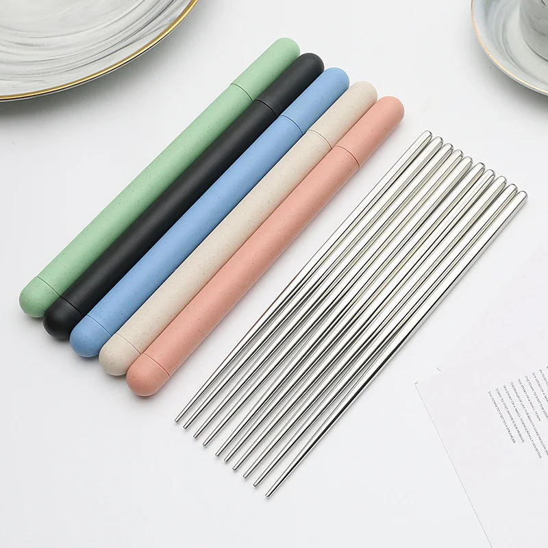 Description Picture 4 of item1 Pair Chopstick Stainless Steel Dinnerware Lunch Tableware Travel Portable Chopsticks with Storage Box Home Kitchen Accessories