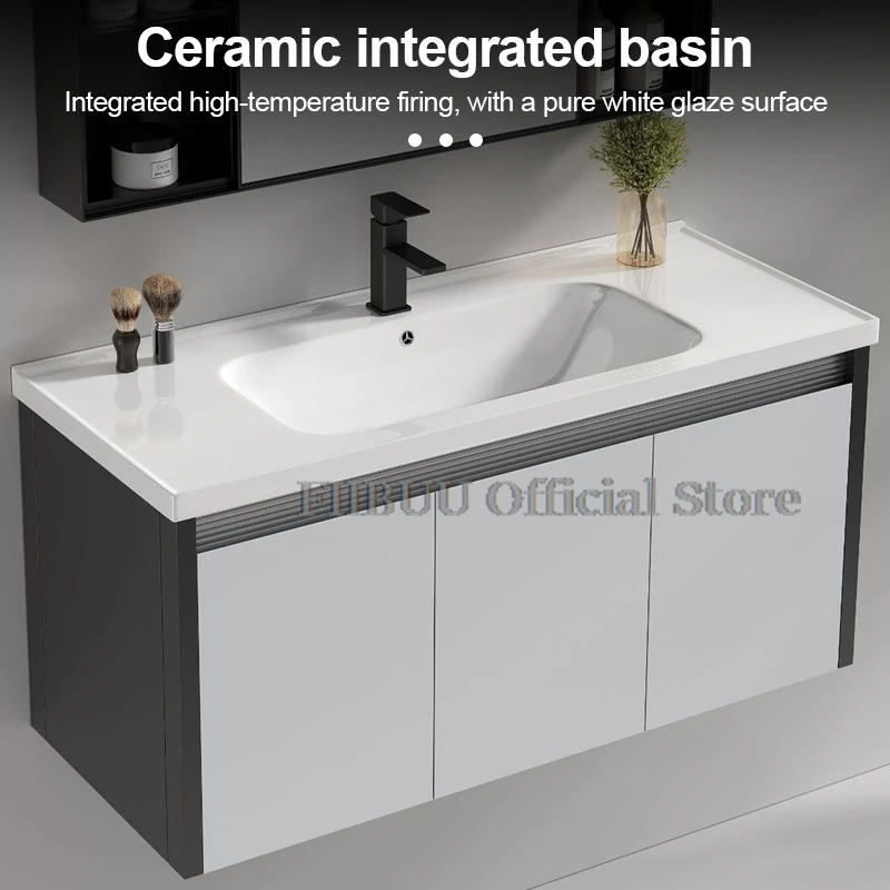 Description Picture 5 of itemBathroom Cabinet With Ceramic Washbasin And Square Mirror Bathroom Vanity Sink With Faucet Wall Mounted Integrated Side Cabinet