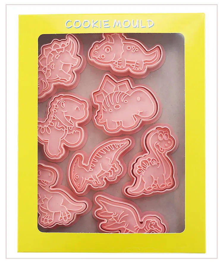 Description Picture 5 of item8 Pcs/set Cookie Cutters Plastic 3D Dinosaur Shape Cartoon Pressable Biscuit Mold Cookie Stamp Kitchen Baking Pastry Bakeware