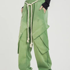 American-Style Drawstring Wide-Leg Trousers Washed Side Pocket Overalls Men's and Women's Casual Straight Pants Trendy Fashion
