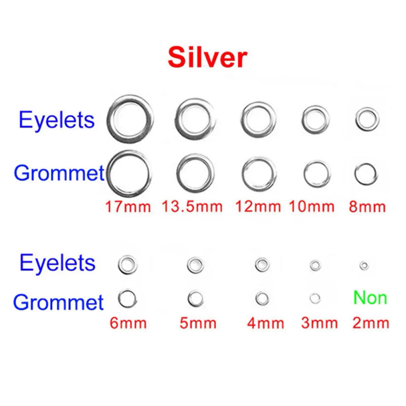 Description Picture 3 of item100sets Silver Metal Eyelets and Eyelet Punch Die Tool Set for Leathercraft Clothing Shoes Belt Bag Grommet Banner 2mm-17mm