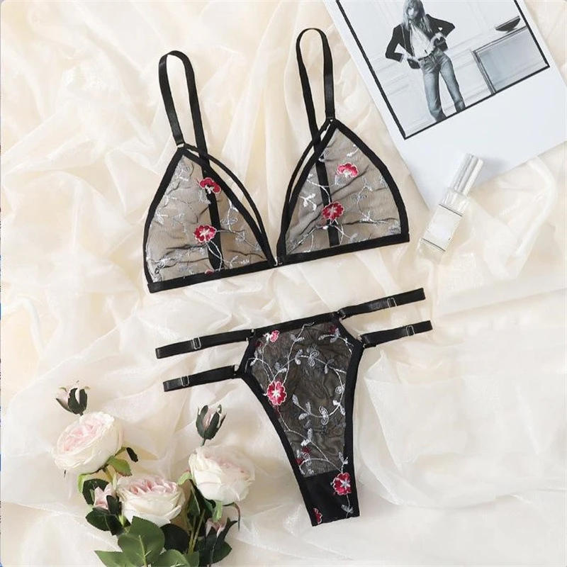 Description Picture 4 of itemUnderwear Sexy Suit Transparent Bra Female 2 Pieces Floral Embroidery Underwear Suit Lace Without Steel Support Bra