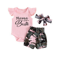 Baby Girls Summer Shorts Sets Flying Sleeve Romper Camouflage Shorts Headband Sets