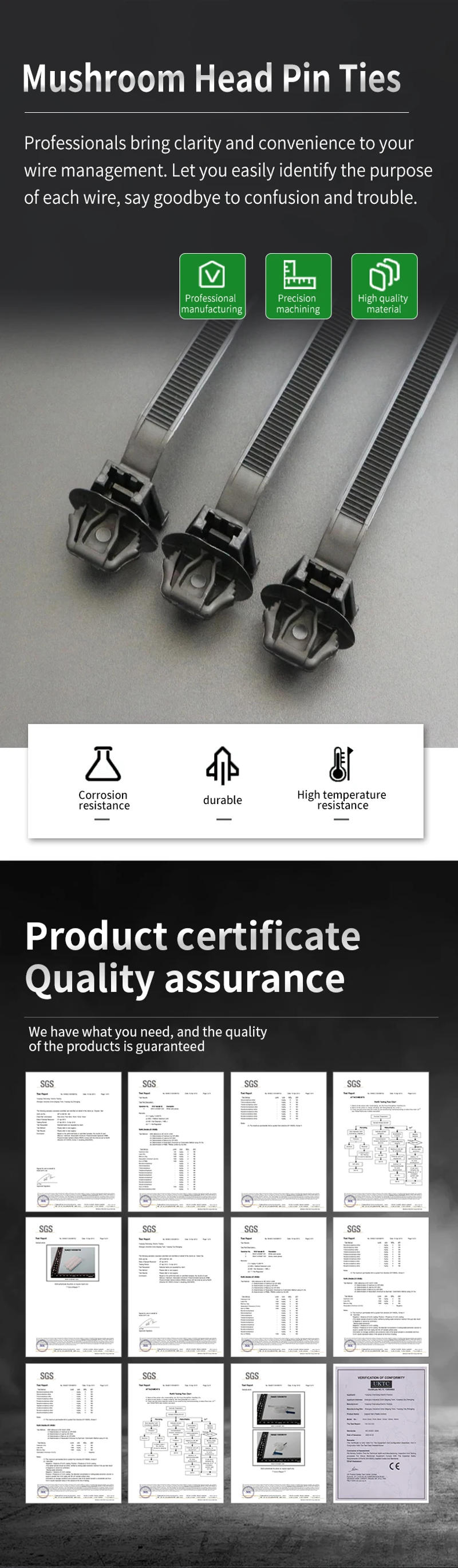 Description Picture 2 of item7.2X165MM 8X280 Nylon Plastic Vehicle Motocycle Cable Tie Car Wiring Harness Retainer Clip Push Mount Auto Fasteners Black Color